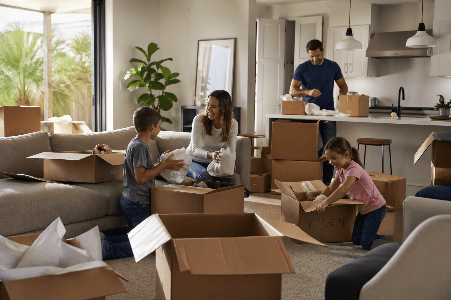 Family unpacking together in a bright Los Angeles home